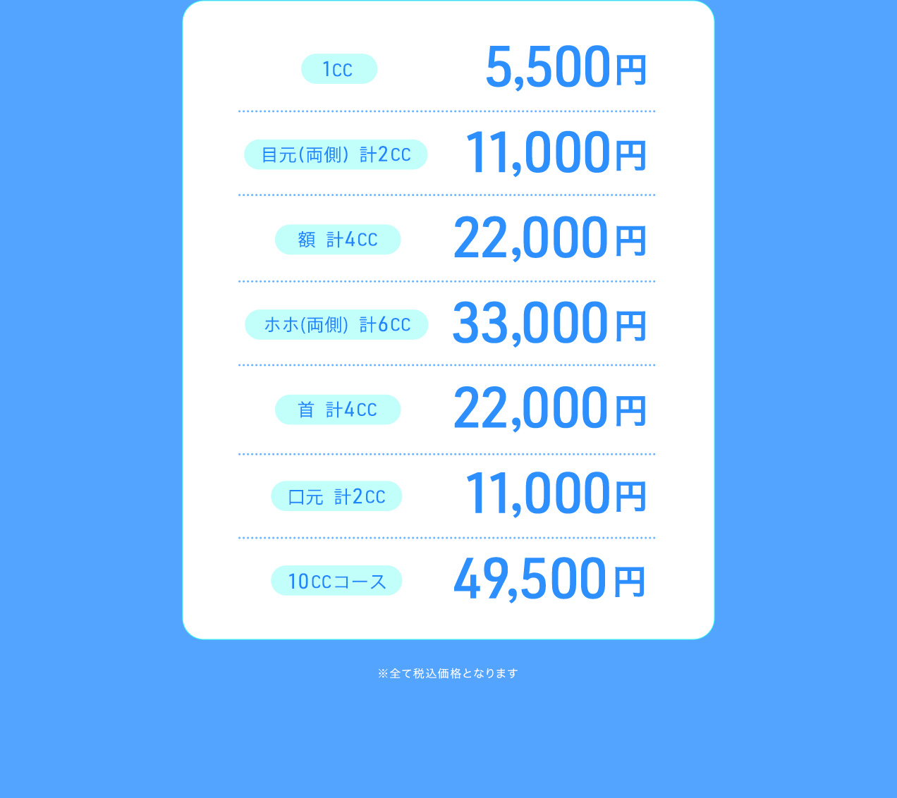1CC 5,500円 目元(両側) 計2CC 11,000円 額 計4CC 22,000円 ホホ(両側) 計6CC 33,000円 首計4CC 22,000円 口元 計2CC 11,000円 10CCコース 49,500円