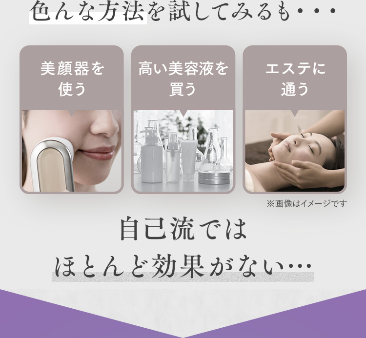 色んな方法を試してみるも・・・ 美顔器を使う 高い美容液を買う エステに通う 自己流ではほとんど効果がない…